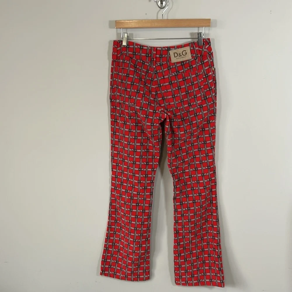 Dolce and Gabbana Velvet Pants Belt Check Print Red Checkered Womens Y2K D&G 10 - Picture 6 of 13